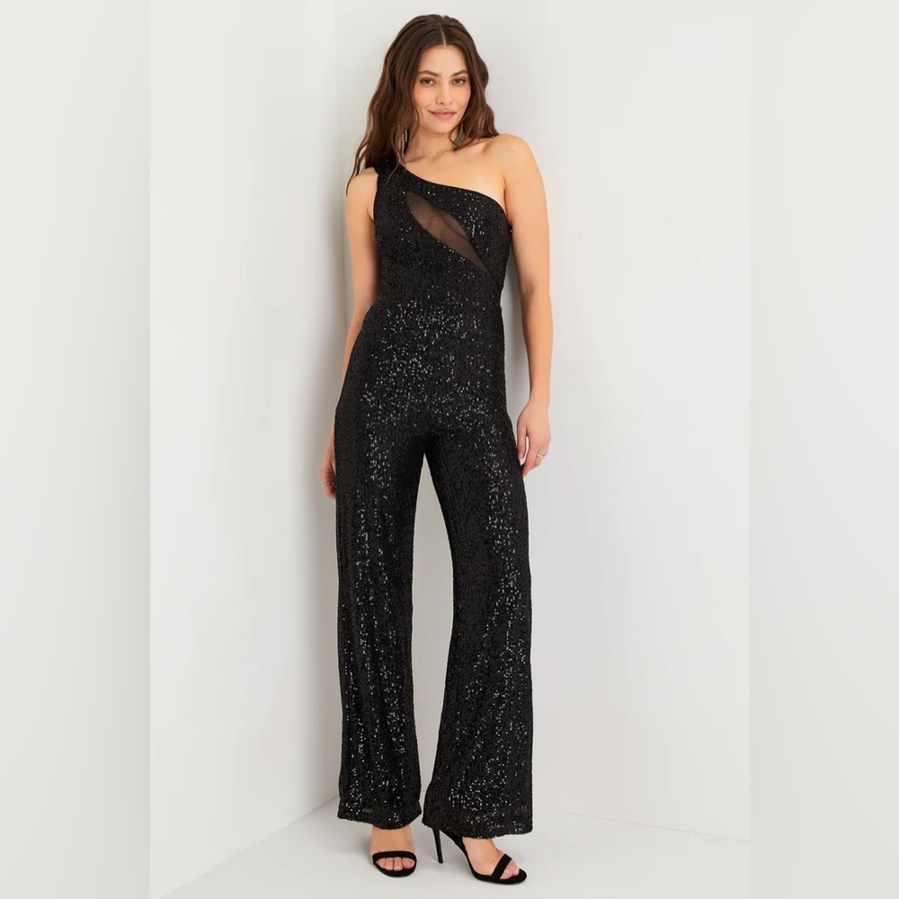 Lulus Sparkling Icon Black Sequin One-Shoulder Mesh Cutout Jumpsuit